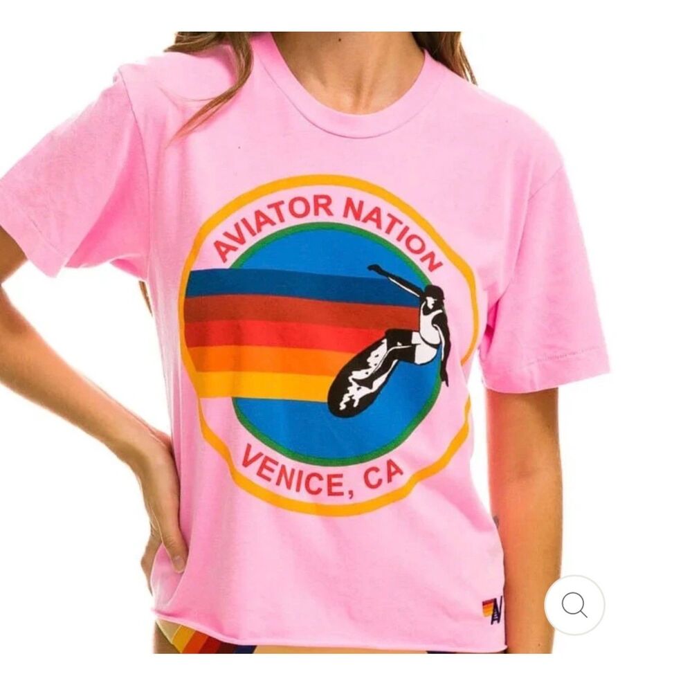 Aviator Nation Signature Boyfriend Tee Neon Pink Medium